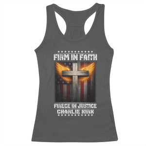 Firm In Faith Fierce In Justice Charlie Kirk Racerback Tank Top Christian Cross American Flag TS11 Dark Heather Print Your Wear