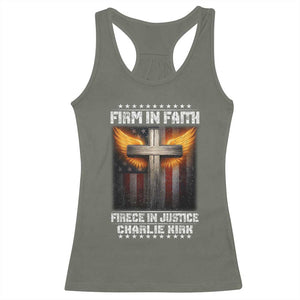 Firm In Faith Fierce In Justice Charlie Kirk Racerback Tank Top Christian Cross American Flag TS11 Military Green Print Your Wear