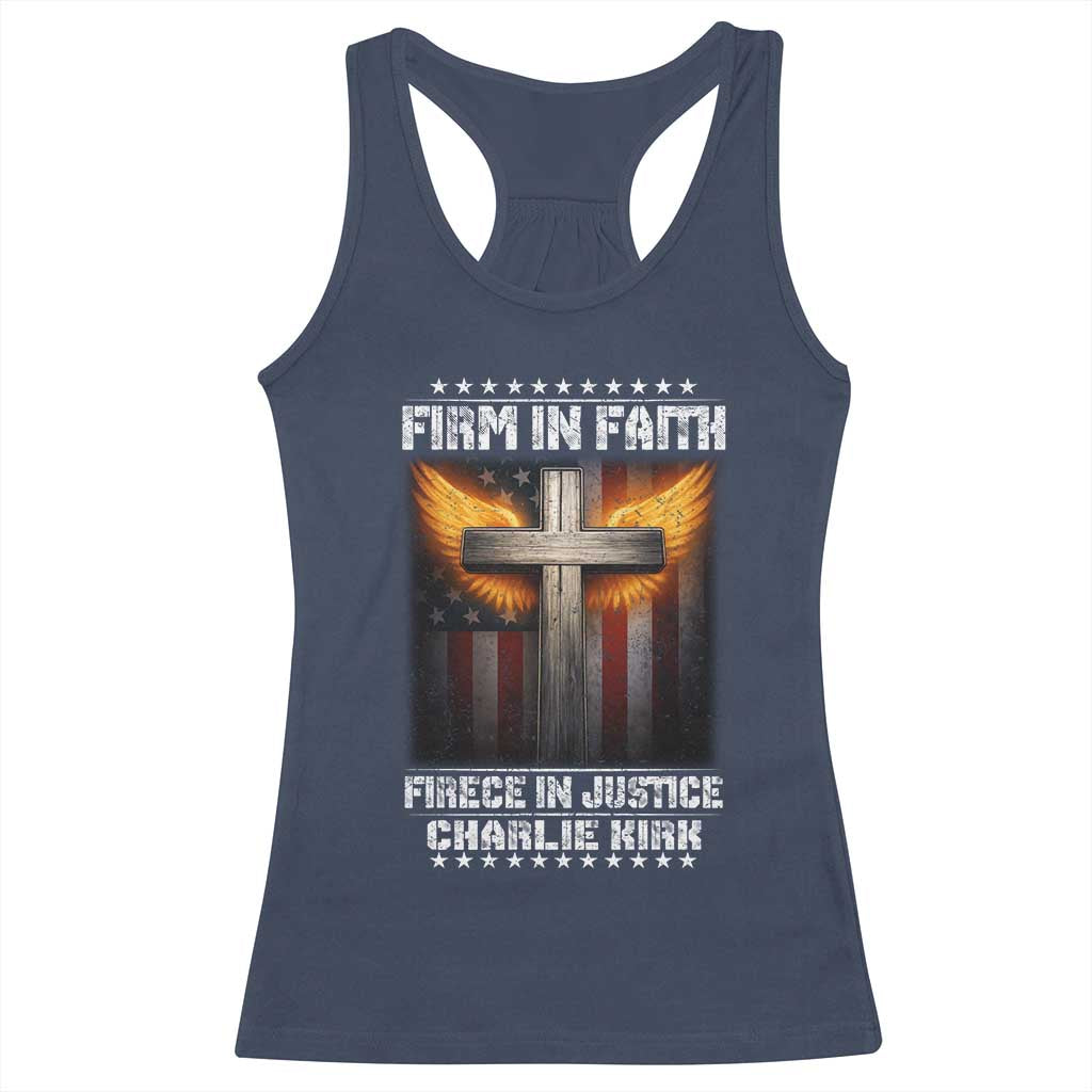 Firm In Faith Fierce In Justice Charlie Kirk Racerback Tank Top Christian Cross American Flag TS11 Navy Print Your Wear