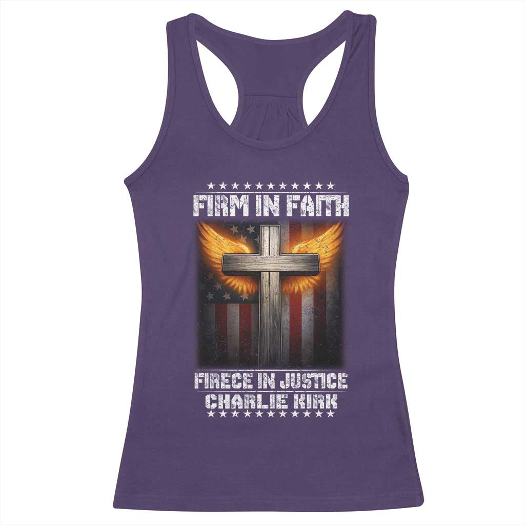 Firm In Faith Fierce In Justice Charlie Kirk Racerback Tank Top Christian Cross American Flag TS11 Purple Print Your Wear
