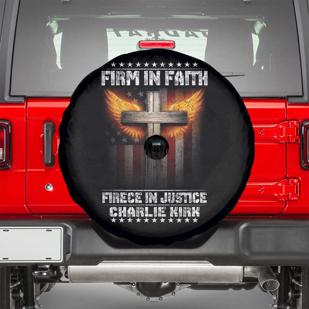 Firm In Faith Fierce In Justice Charlie Kirk Spare Tire Cover Christian Cross American Flag TS11 Black Print Your Wear