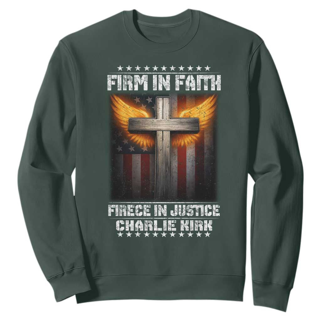 Firm In Faith Fierce In Justice Charlie Kirk Sweatshirt Christian Cross American Flag TS11 Dark Forest Green Print Your Wear