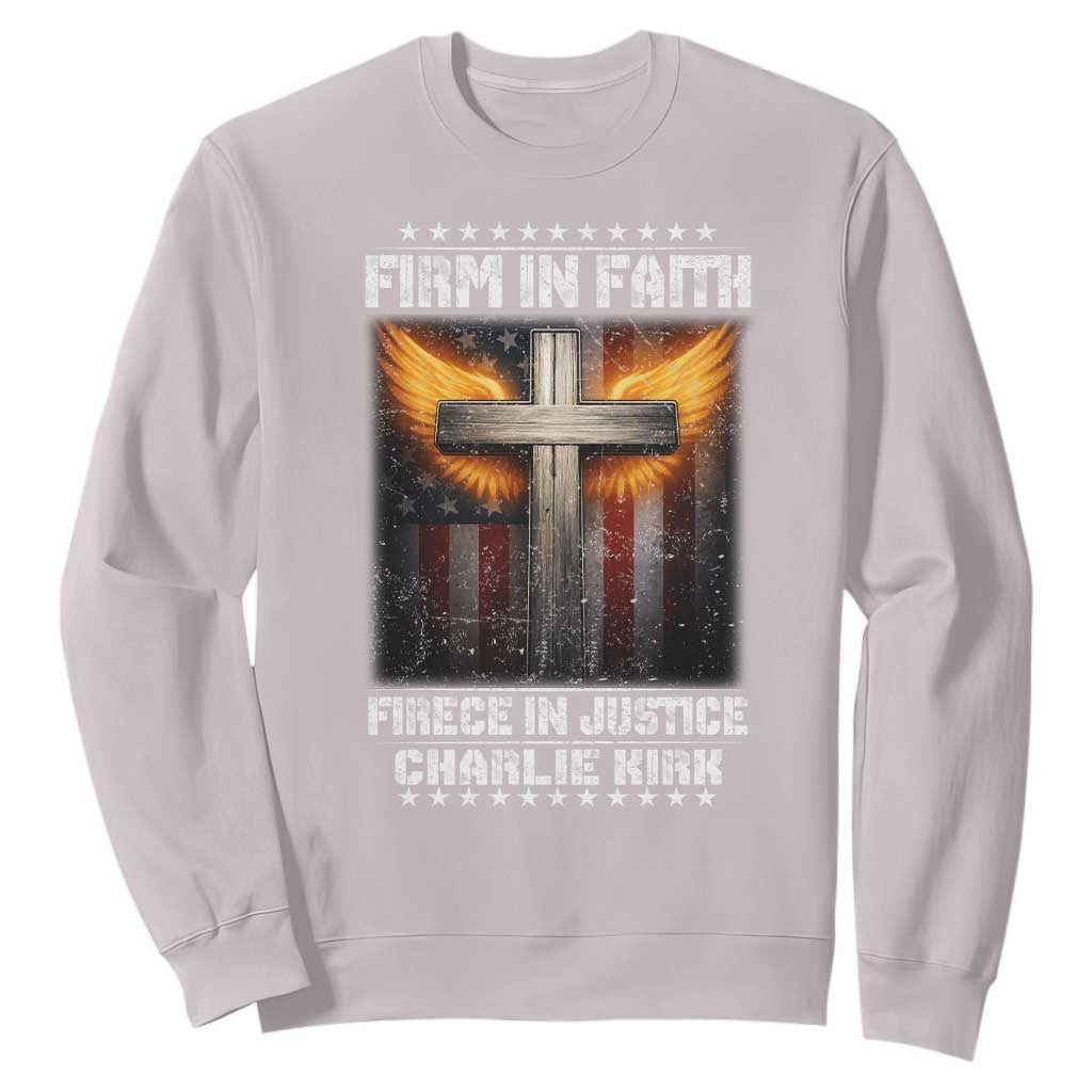 Firm In Faith Fierce In Justice Charlie Kirk Sweatshirt Christian Cross American Flag TS11 Ice Gray Print Your Wear