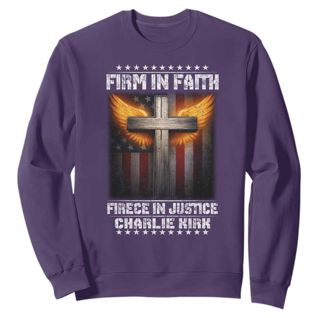 Firm In Faith Fierce In Justice Charlie Kirk Sweatshirt Christian Cross American Flag TS11 Purple Print Your Wear
