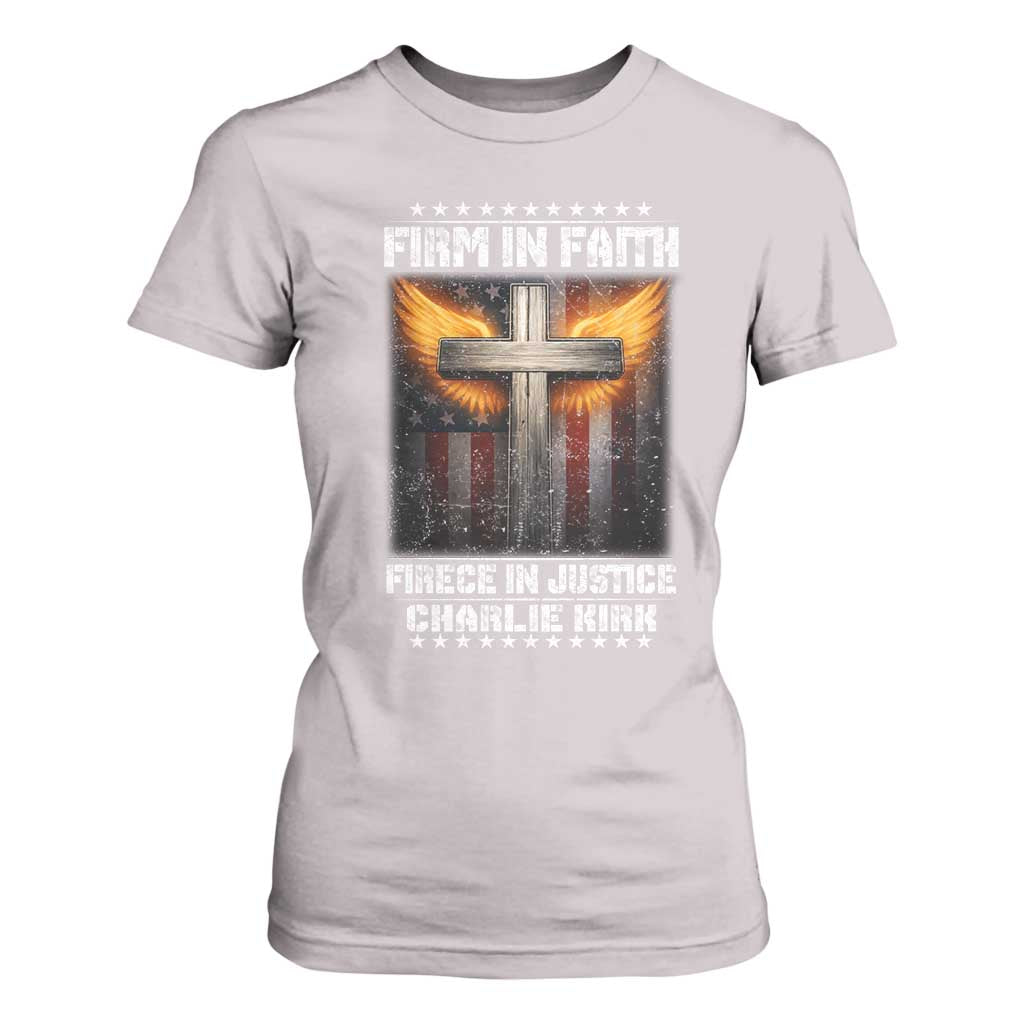 Firm In Faith Fierce In Justice Charlie Kirk T Shirt For Women Christian Cross American Flag TS11 Ice Gray Print Your Wear