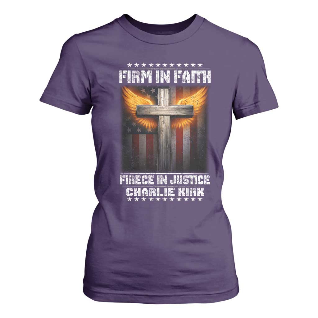Firm In Faith Fierce In Justice Charlie Kirk T Shirt For Women Christian Cross American Flag TS11 Purple Print Your Wear