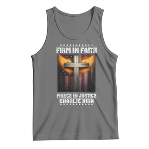 Firm In Faith Fierce In Justice Charlie Kirk Tank Top Christian Cross American Flag TS11 Black Heather Print Your Wear