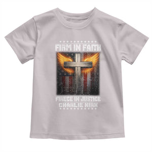 Firm In Faith Fierce In Justice Charlie Kirk Toddler T Shirt Christian Cross American Flag TS11 Ice Gray Print Your Wear