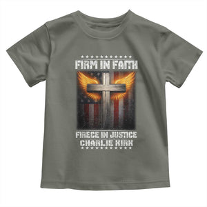 Firm In Faith Fierce In Justice Charlie Kirk Toddler T Shirt Christian Cross American Flag TS11 Military Green Print Your Wear