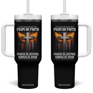 Firm In Faith Fierce In Justice Charlie Kirk Tumbler With Handle Christian Cross American Flag TS11 One Size: 40 oz Black Print Your Wear