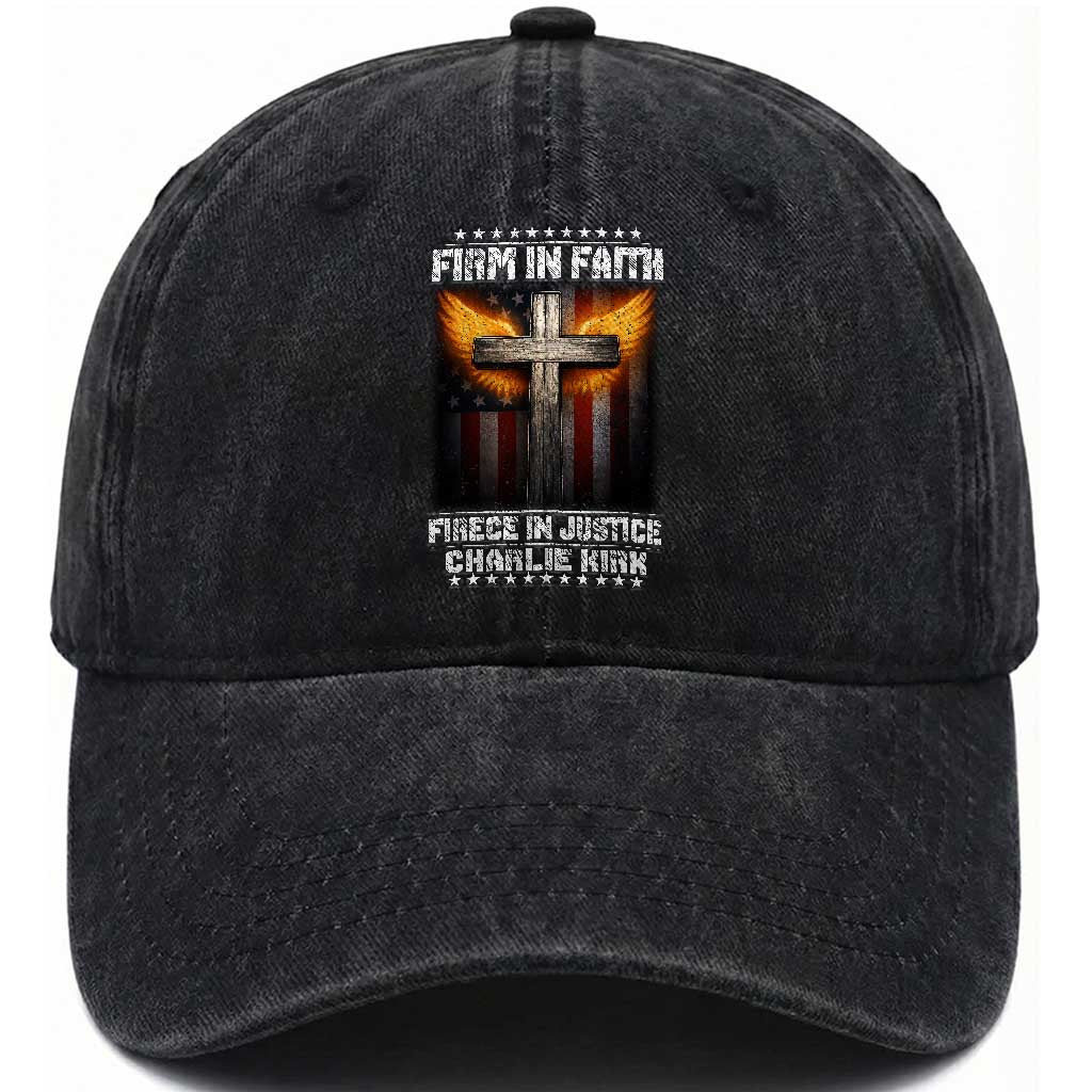 Firm In Faith Fierce In Justice Charlie Kirk Washed Cotton Baseball Cap Christian Cross American Flag TS11 Print Your Wear