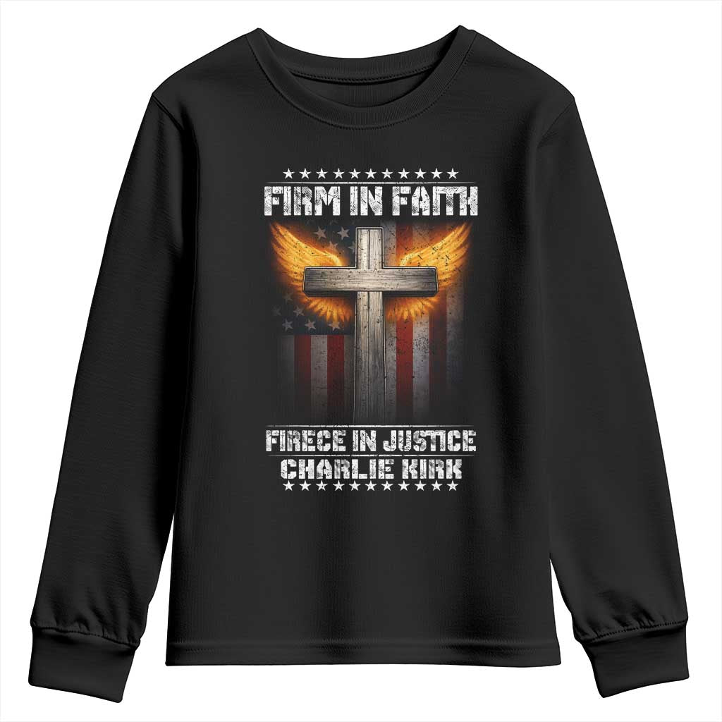 Firm In Faith Fierce In Justice Charlie Kirk Youth Sweatshirt Christian Cross American Flag TS11 Black Print Your Wear