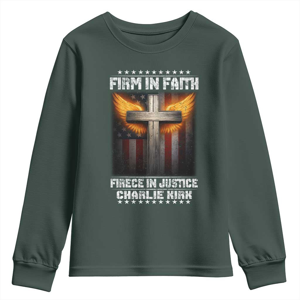 Firm In Faith Fierce In Justice Charlie Kirk Youth Sweatshirt Christian Cross American Flag TS11 Dark Forest Green Print Your Wear