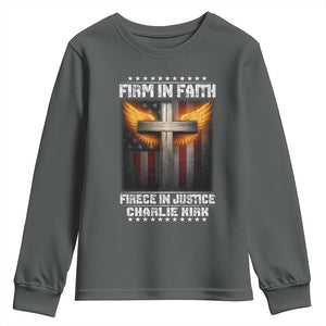Firm In Faith Fierce In Justice Charlie Kirk Youth Sweatshirt Christian Cross American Flag TS11 Dark Heather Print Your Wear