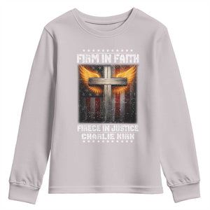 Firm In Faith Fierce In Justice Charlie Kirk Youth Sweatshirt Christian Cross American Flag TS11 Ice Gray Print Your Wear