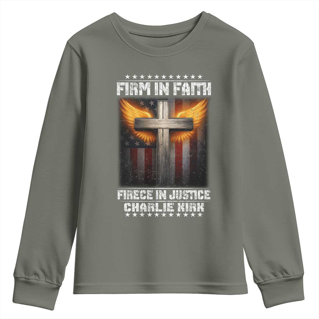Firm In Faith Fierce In Justice Charlie Kirk Youth Sweatshirt Christian Cross American Flag TS11 Military Green Print Your Wear