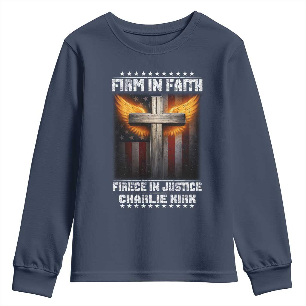 Firm In Faith Fierce In Justice Charlie Kirk Youth Sweatshirt Christian Cross American Flag TS11 Navy Print Your Wear