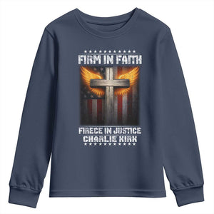 Firm In Faith Fierce In Justice Charlie Kirk Youth Sweatshirt Christian Cross American Flag TS11 Navy Print Your Wear