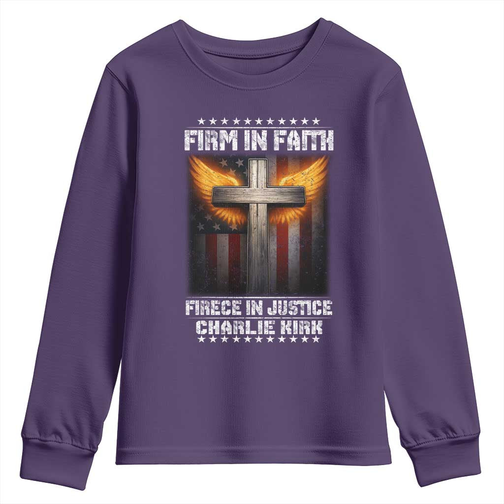 Firm In Faith Fierce In Justice Charlie Kirk Youth Sweatshirt Christian Cross American Flag TS11 Purple Print Your Wear