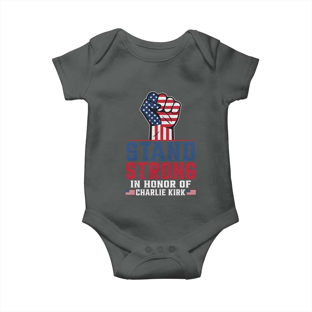 Stand Strong In Honor Of Charlie Kirk Baby Onesie Handfist American Flag TS11 Dark Heather Print Your Wear
