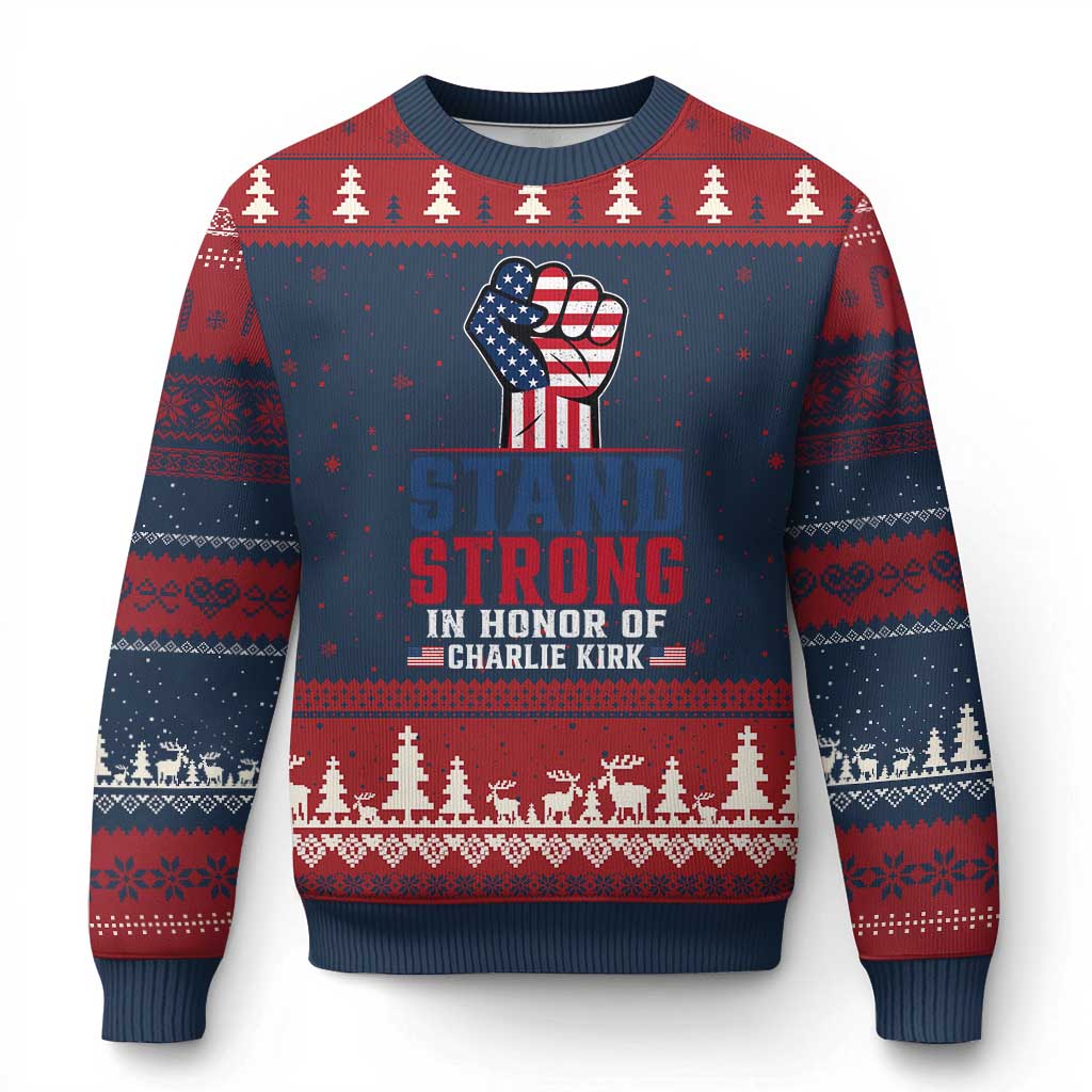 Stand Strong In Honor Of Charlie Kirk Ugly Christmas Sweater Handfist American Flag TS11 Navy Red Print Your Wear