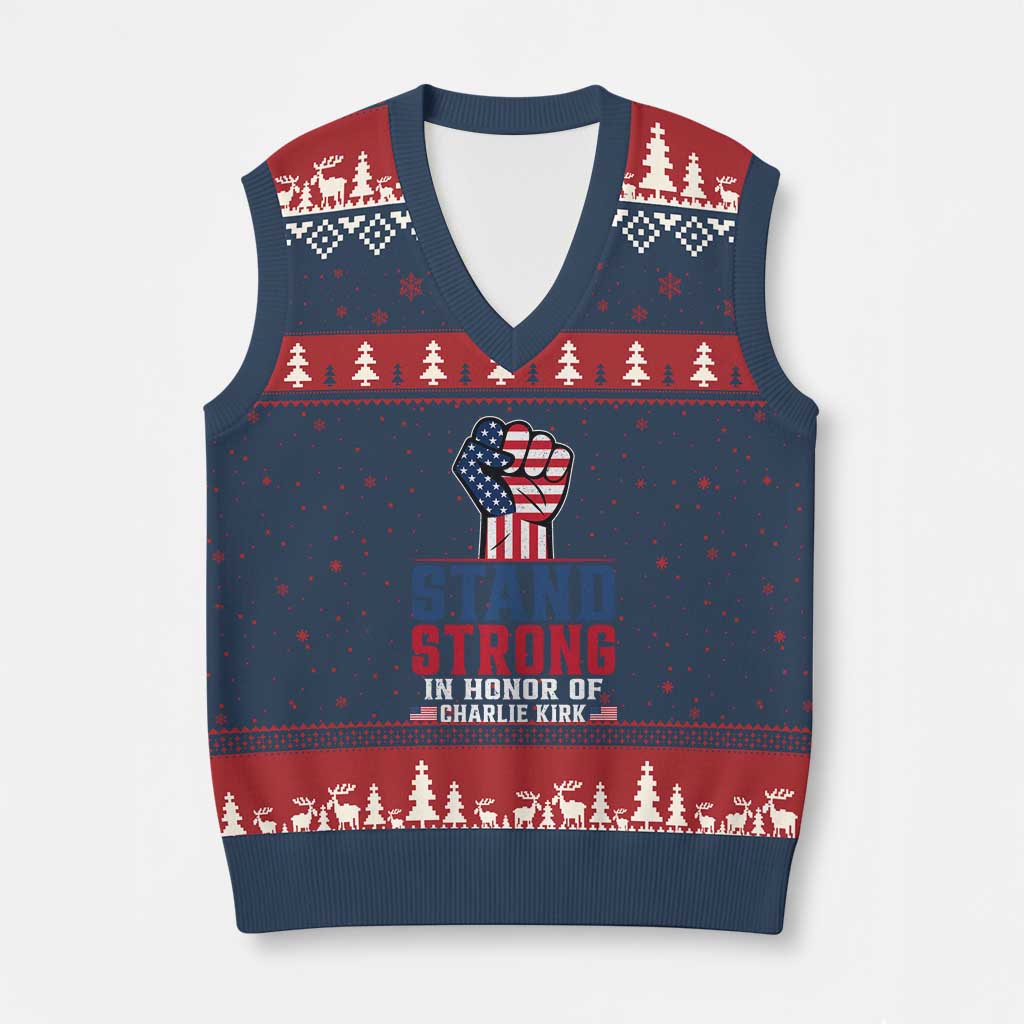 Stand Strong In Honor Of Charlie Kirk V-Neck Knit Sweater Vest Handfist American Flag TS11 Navy Red Print Your Wear