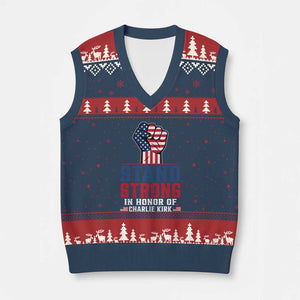 Stand Strong In Honor Of Charlie Kirk V-Neck Knit Sweater Vest Handfist American Flag TS11 Navy Red Print Your Wear