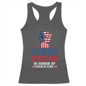 Stand Strong In Honor Of Charlie Kirk Racerback Tank Top Handfist American Flag TS11 Dark Heather Print Your Wear