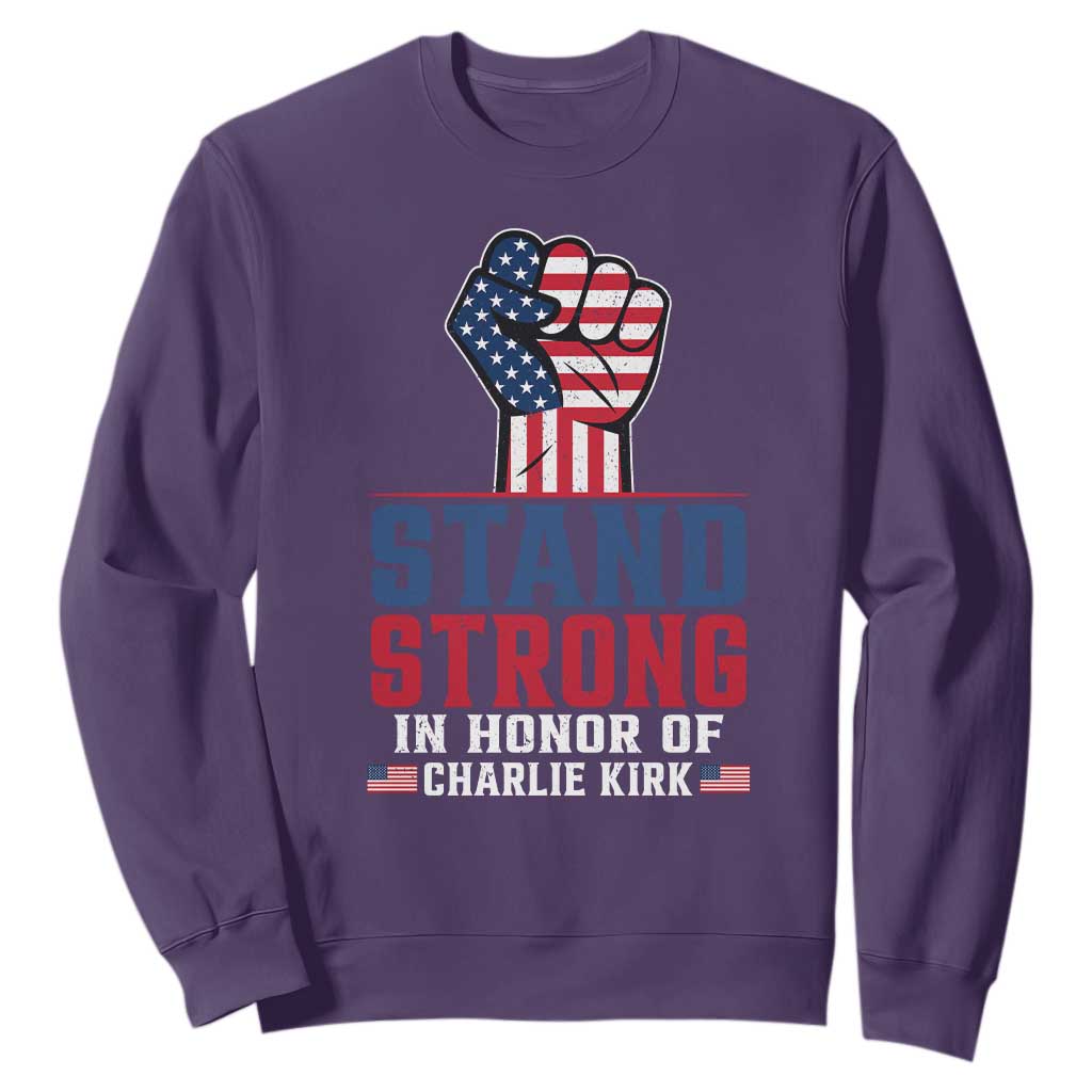 Stand Strong In Honor Of Charlie Kirk Sweatshirt Handfist American Flag TS11 Purple Print Your Wear
