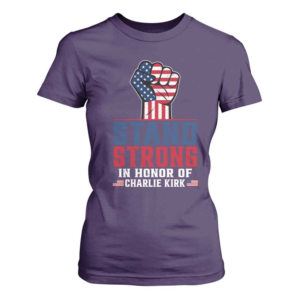 Stand Strong In Honor Of Charlie Kirk T Shirt For Women Handfist American Flag TS11 Purple Print Your Wear