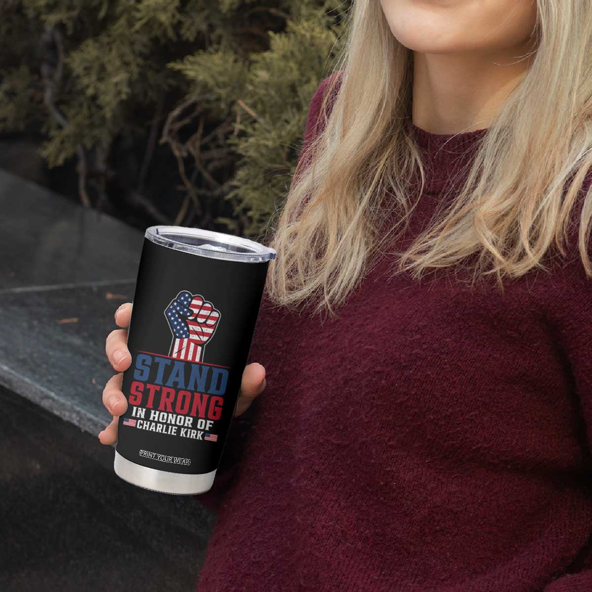 Stand Strong In Honor Of Charlie Kirk Tumbler Cup Handfist American Flag TS11 Print Your Wear