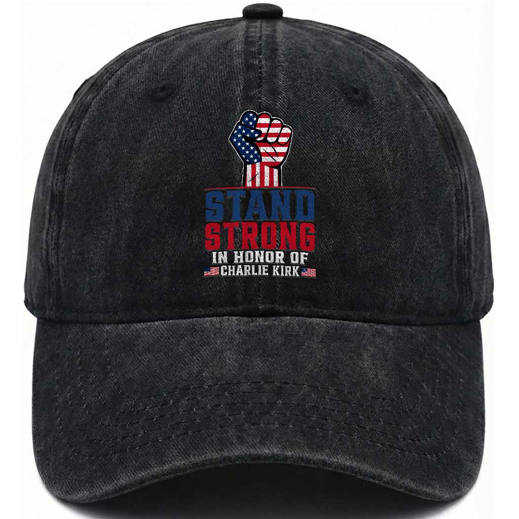 Stand Strong In Honor Of Charlie Kirk Washed Cotton Baseball Cap Handfist American Flag TS11 Print Your Wear