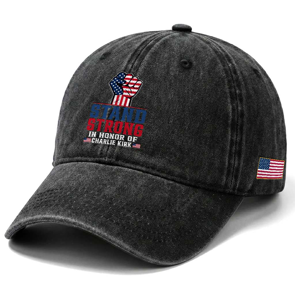 Stand Strong In Honor Of Charlie Kirk Washed Cotton Baseball Cap Handfist American Flag TS11 Print Your Wear