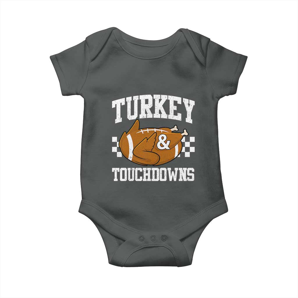 Funny Turkey And Touchdowns Baby Onesie Thanksgiving American Football TS11 Dark Heather Print Your Wear