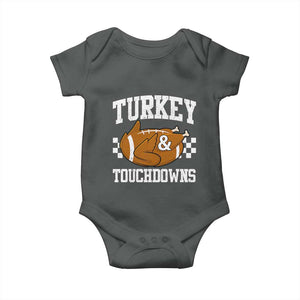 Funny Turkey And Touchdowns Baby Onesie Thanksgiving American Football TS11 Dark Heather Print Your Wear