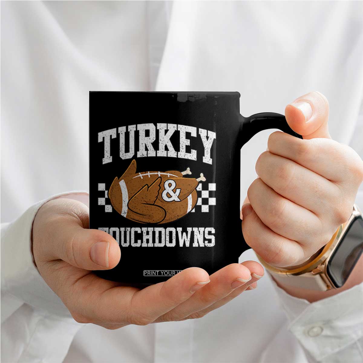 Funny Turkey And Touchdowns Coffee Mug Thanksgiving American Football - Print Your Wear