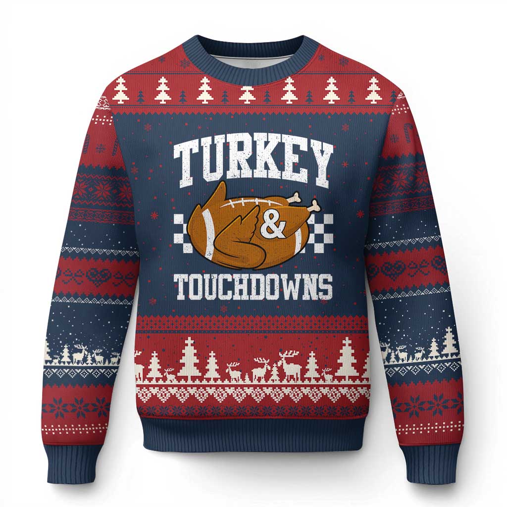 Funny Turkey And Touchdowns Ugly Christmas Sweater Thanksgiving American Football TS11 Navy Red Print Your Wear