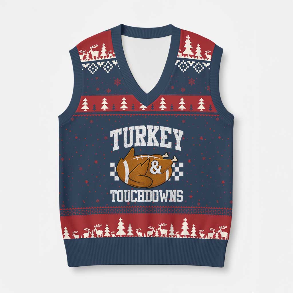Funny Turkey And Touchdowns V-Neck Knit Sweater Vest Thanksgiving American Football TS11 Navy Red Print Your Wear