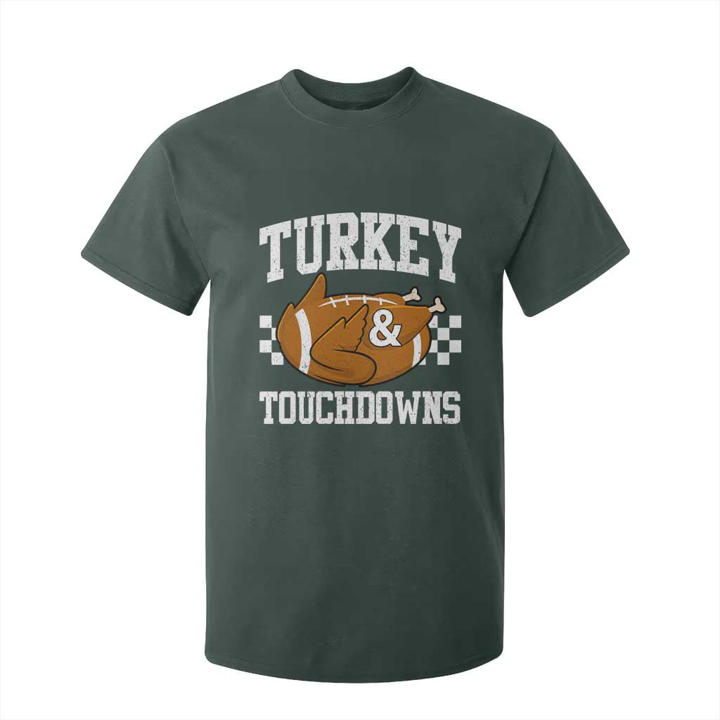 Funny Turkey And Touchdowns T Shirt For Kid Thanksgiving American Football TS11 Dark Forest Green Print Your Wear