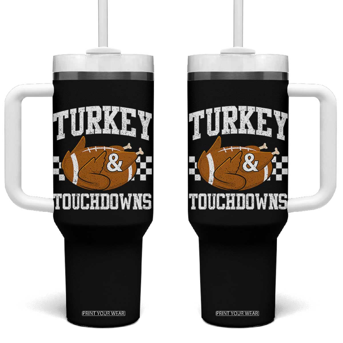 Funny Turkey And Touchdowns Tumbler With Handle Thanksgiving American Football - Print Your Wear