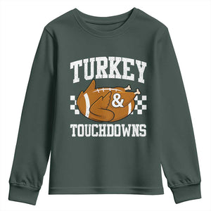 Funny Turkey And Touchdowns Youth Sweatshirt Thanksgiving American Football TS11 Dark Forest Green Print Your Wear