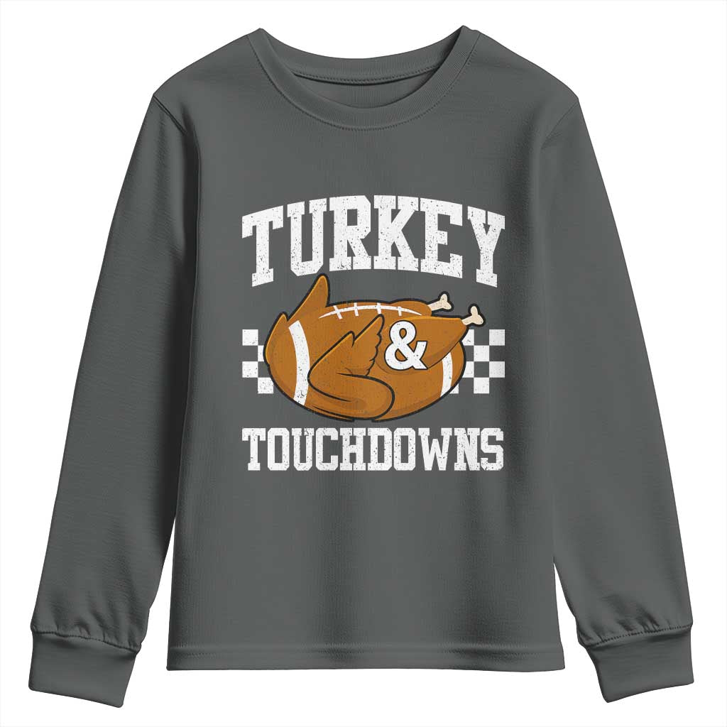 Funny Turkey And Touchdowns Youth Sweatshirt Thanksgiving American Football TS11 Dark Heather Print Your Wear