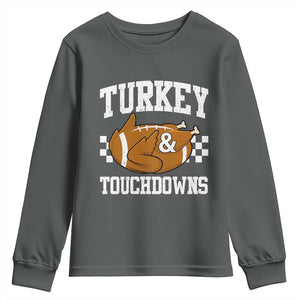 Funny Turkey And Touchdowns Youth Sweatshirt Thanksgiving American Football TS11 Dark Heather Print Your Wear