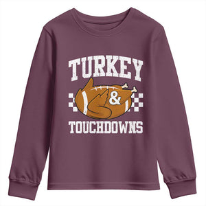 Funny Turkey And Touchdowns Youth Sweatshirt Thanksgiving American Football TS11 Maroon Print Your Wear