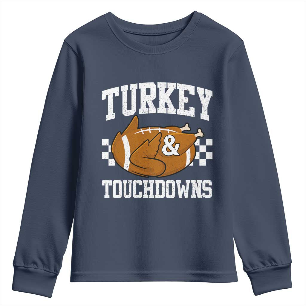 Funny Turkey And Touchdowns Youth Sweatshirt Thanksgiving American Football TS11 Navy Print Your Wear