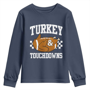 Funny Turkey And Touchdowns Youth Sweatshirt Thanksgiving American Football TS11 Navy Print Your Wear