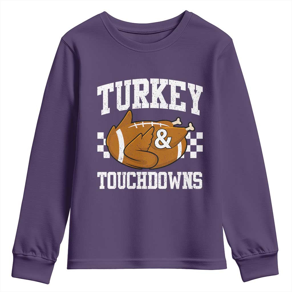 Funny Turkey And Touchdowns Youth Sweatshirt Thanksgiving American Football TS11 Purple Print Your Wear