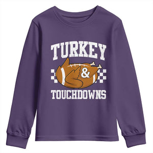Funny Turkey And Touchdowns Youth Sweatshirt Thanksgiving American Football TS11 Purple Print Your Wear
