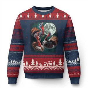 Funny Three Turkey Moon Ugly Christmas Sweater Weird Cursed Thanksgiving Meme TS11 Navy Red Print Your Wear