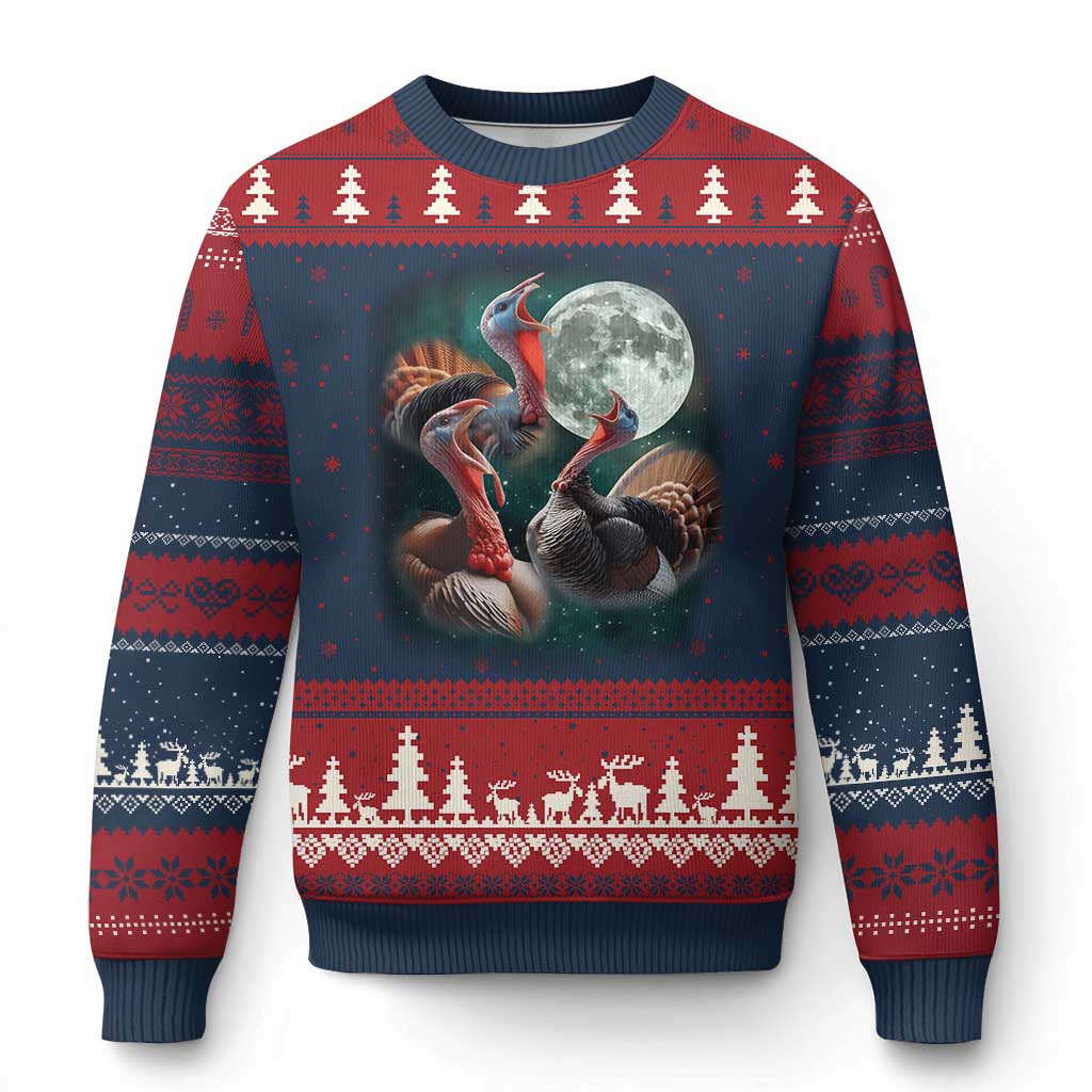 Funny Three Turkey Moon Ugly Christmas Sweater Weird Cursed Thanksgiving Meme - Print Your Wear